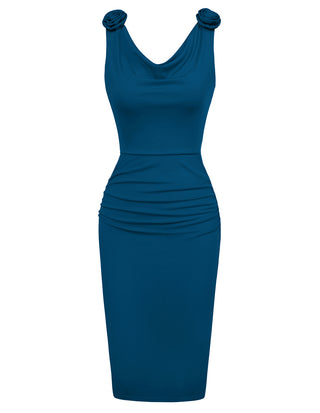Women Ruched Bodycon Dress Casual Sleeveless Cowl Neck Back Slit Dress