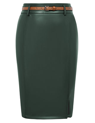 Women Polyurethane Leather Skirt with Belt High Waist Front Slit Pencil Skirt