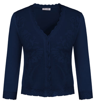 Women Hollowed-out Textured Cardigan 3/4 Sleeve V-Neck Button-up Sweater