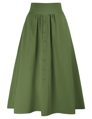 Front Slit Skirt Elastic High Waist Buttons Decorated A-Line Skirt