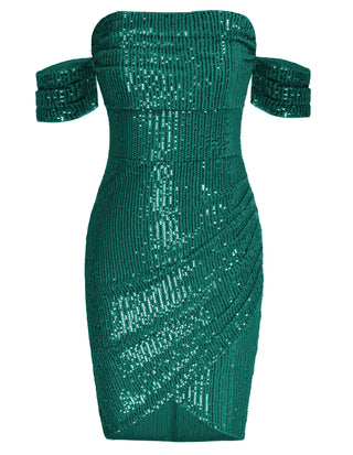 Women's Glitter Sequin V Neck Ruched Off Shoulder Stretchy Bodycon Mini Party Dress