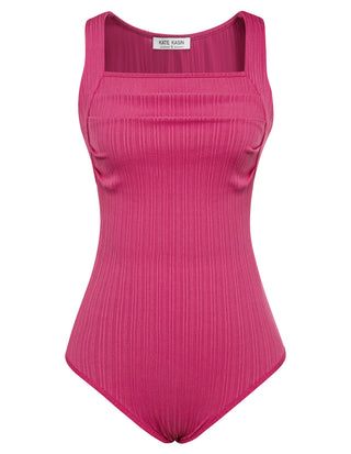 Women Pleated Bodycon Suit Sleeveless Square Neck Snap-Button Crotch Teddy