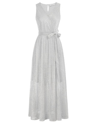 Women Ankle Length Party Dress Sleeveless Surplice V-Neck Flared A-Line Dress