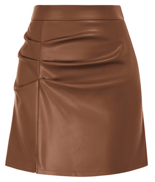 Women's Leather Skirts Front Slit Ruched Bodycon Mini Skirt High Waist PU Leather Skorts