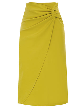 Ruched Front Skirt High Waist Back Slit Mid-Calf A-Line Skirt