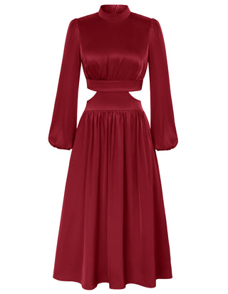 Women Cut-out Waist Dress Long Sleeve Half High-Neck Elastic Waist Dress