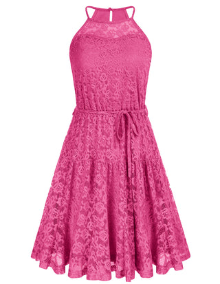 Lace Mini Halterneck Keyhole Back Elastic Waist A-Line Dress