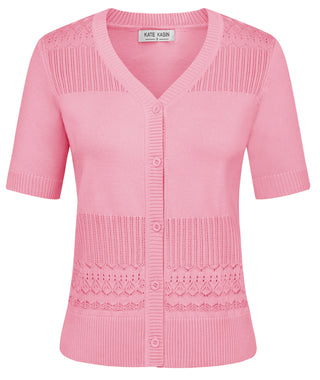 Women Hollowed-out Cardigan Short Sleeve V-Neck Button-up Sweater Knitwear
