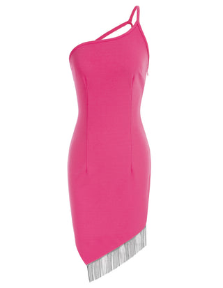 Women Irregular Tassel Hem Party Dress One-Shoulder Knee Length Bodycon Dress