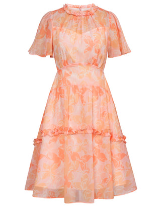 Women Elastic Waist Dress Short Sleeve Crew Neck Agaric Lace Decorated Dress