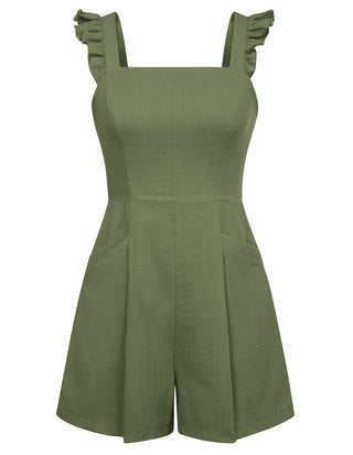 Women Cotton Romper Casual Square Neck Wide Leg Mid-Thigh Length Playsuit