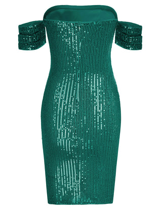 Women's Glitter Sequin V Neck Ruched Off Shoulder Stretchy Bodycon Mini Party Dress