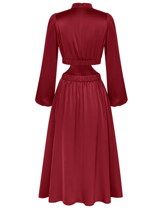 Women Cut-out Waist Dress Long Sleeve Half High-Neck Elastic Waist Dress