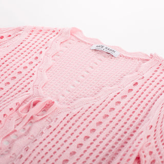 Women Hollowed-out Cardigan Short Sleeve V-Neck Tie-Front Shrug Knitwear