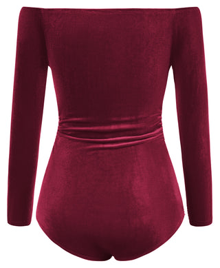 Women Cut-out Front Velvet Bodysuit Long Sleeve Off Shoulder Party Costume