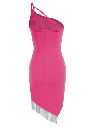 Women Irregular Tassel Hem Party Dress One-Shoulder Knee Length Bodycon Dress