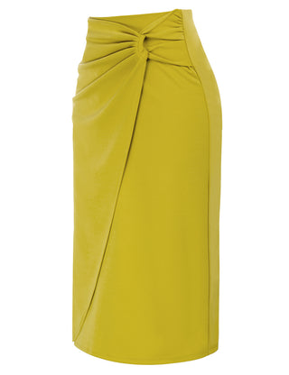 Ruched Front Skirt High Waist Back Slit Mid-Calf A-Line Skirt