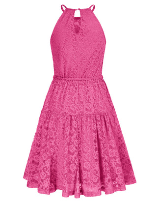 Lace Mini Halterneck Keyhole Back Elastic Waist A-Line Dress