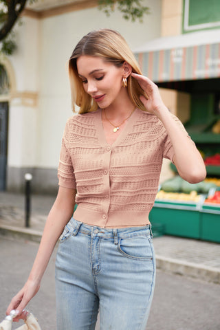 Women Cropped Cardigan Short Sleeve V-Neck Hollowed-out Sweater Knitwear
