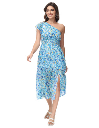 KK Women Elastic Waist Dress Short Sleeve Front Slit Tired A-Line Dress