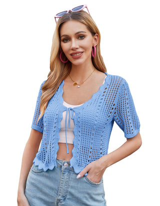 Women Hollowed-out Cardigan Short Sleeve V-Neck Tie-Front Shrug Knitwear