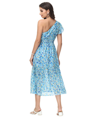 KK Women Elastic Waist Dress Short Sleeve Front Slit Tired A-Line Dress