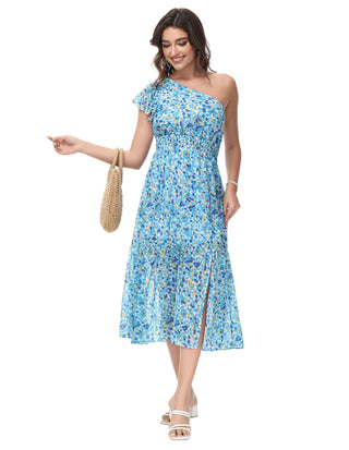 KK Women Elastic Waist Dress Short Sleeve Front Slit Tired A-Line Dress