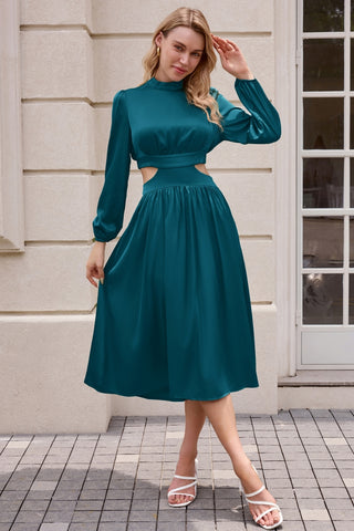 Women Cut-out Waist Dress Long Sleeve Half High-Neck Elastic Waist Dress