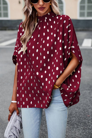 Women’s Batwing Sleeve Blouse Tops Mock Neck Polka Dot Blouses Casual Tie Back Drape Shirts