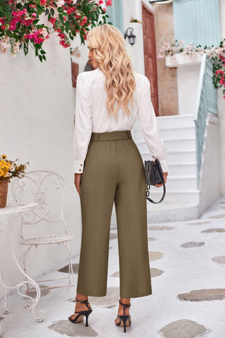 Straight Leg Pants High Waist Belt Decorated Trousers