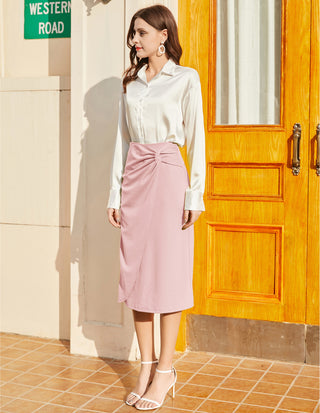 Ruched Front Skirt High Waist Back Slit Mid-Calf A-Line Skirt