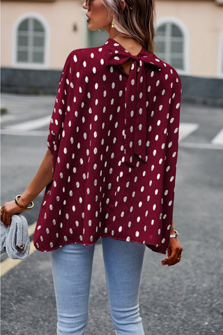 Women’s Batwing Sleeve Blouse Tops Mock Neck Polka Dot Blouses Casual Tie Back Drape Shirts