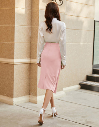 Ruched Front Skirt High Waist Back Slit Mid-Calf A-Line Skirt