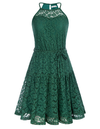 Lace Mini Halterneck Keyhole Back Elastic Waist A-Line Dress