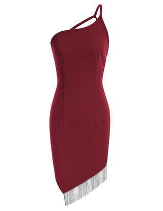 Women Irregular Tassel Hem Party Dress One-Shoulder Knee Length Bodycon Dress