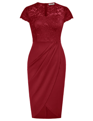 Womens Short Sleeve Floral Elegant Lace Cocktail Dress V Neck Knee Length Wrap Bodycon Dress