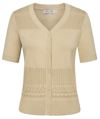 Women Hollowed-out Cardigan Short Sleeve V-Neck Button-up Sweater Knitwear