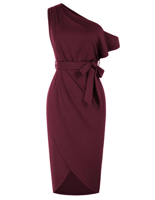 Wrap Hem OL Asymmetric Shoulder Below Knee Bodycon Dress