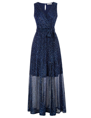 Women Ankle Length Party Dress Sleeveless Surplice V-Neck Flared A-Line Dress