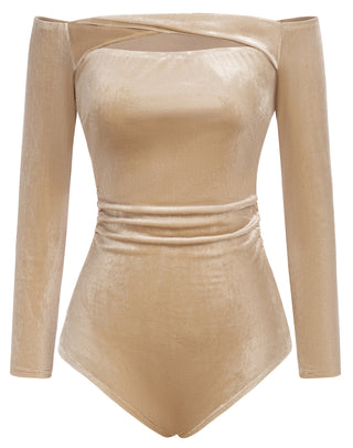 Women Cut-out Front Velvet Bodysuit Long Sleeve Off Shoulder Party Costume