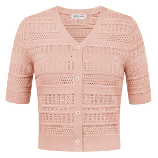 Women Cropped Cardigan Short Sleeve V-Neck Hollowed-out Sweater Knitwear