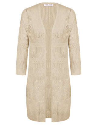Women Hollowed-out Cardigan 3/4 Sleeve Open Front Mid-Thigh Length Sweater