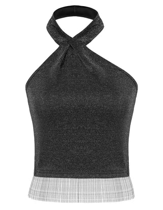 Women Tassel Hem Party Tops Slim Fit Backless Asymmetric Halterneck Tops