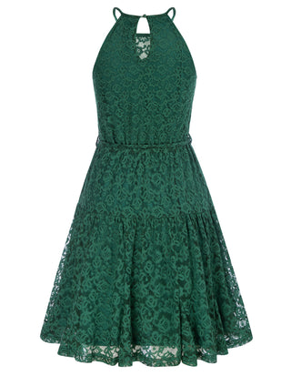 Lace Mini Halterneck Keyhole Back Elastic Waist A-Line Dress