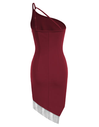 Women Irregular Tassel Hem Party Dress One-Shoulder Knee Length Bodycon Dress
