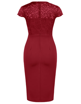 Womens Short Sleeve Floral Elegant Lace Cocktail Dress V Neck Knee Length Wrap Bodycon Dress
