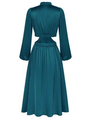 Women Cut-out Waist Dress Long Sleeve Half High-Neck Elastic Waist Dress