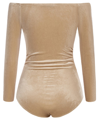 Women Cut-out Front Velvet Bodysuit Long Sleeve Off Shoulder Party Costume