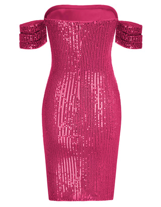 Women's Glitter Sequin V Neck Ruched Off Shoulder Stretchy Bodycon Mini Party Dress