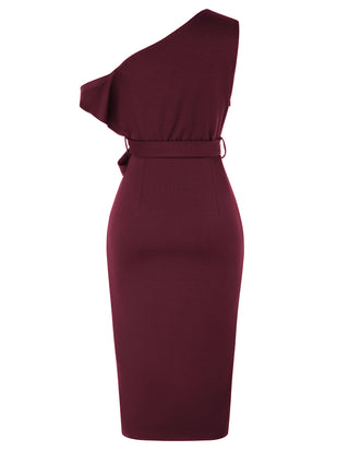 Wrap Hem OL Asymmetric Shoulder Below Knee Bodycon Dress